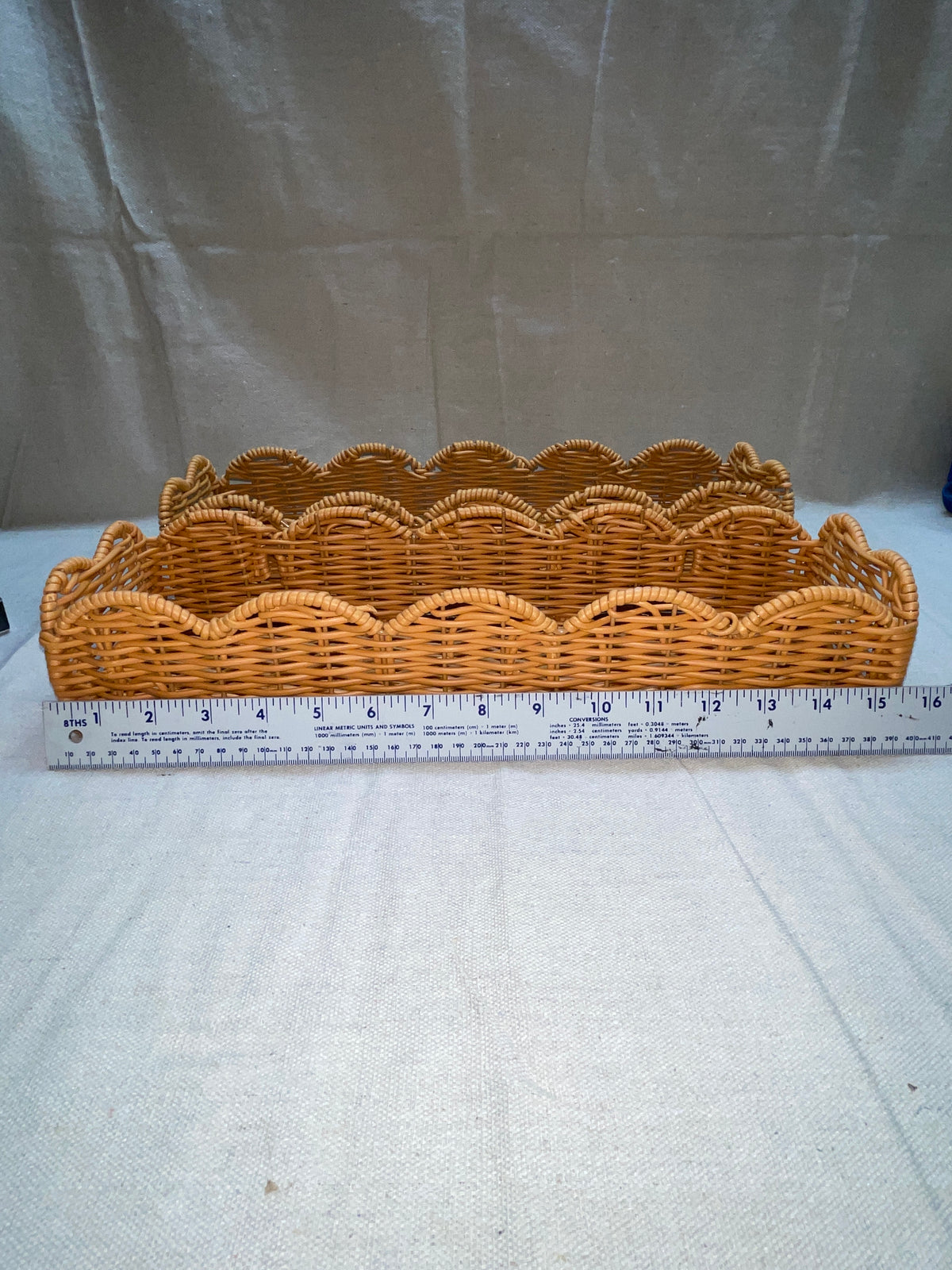Set of 2 Long Scalloped Wicker Baskets in Honey Tones