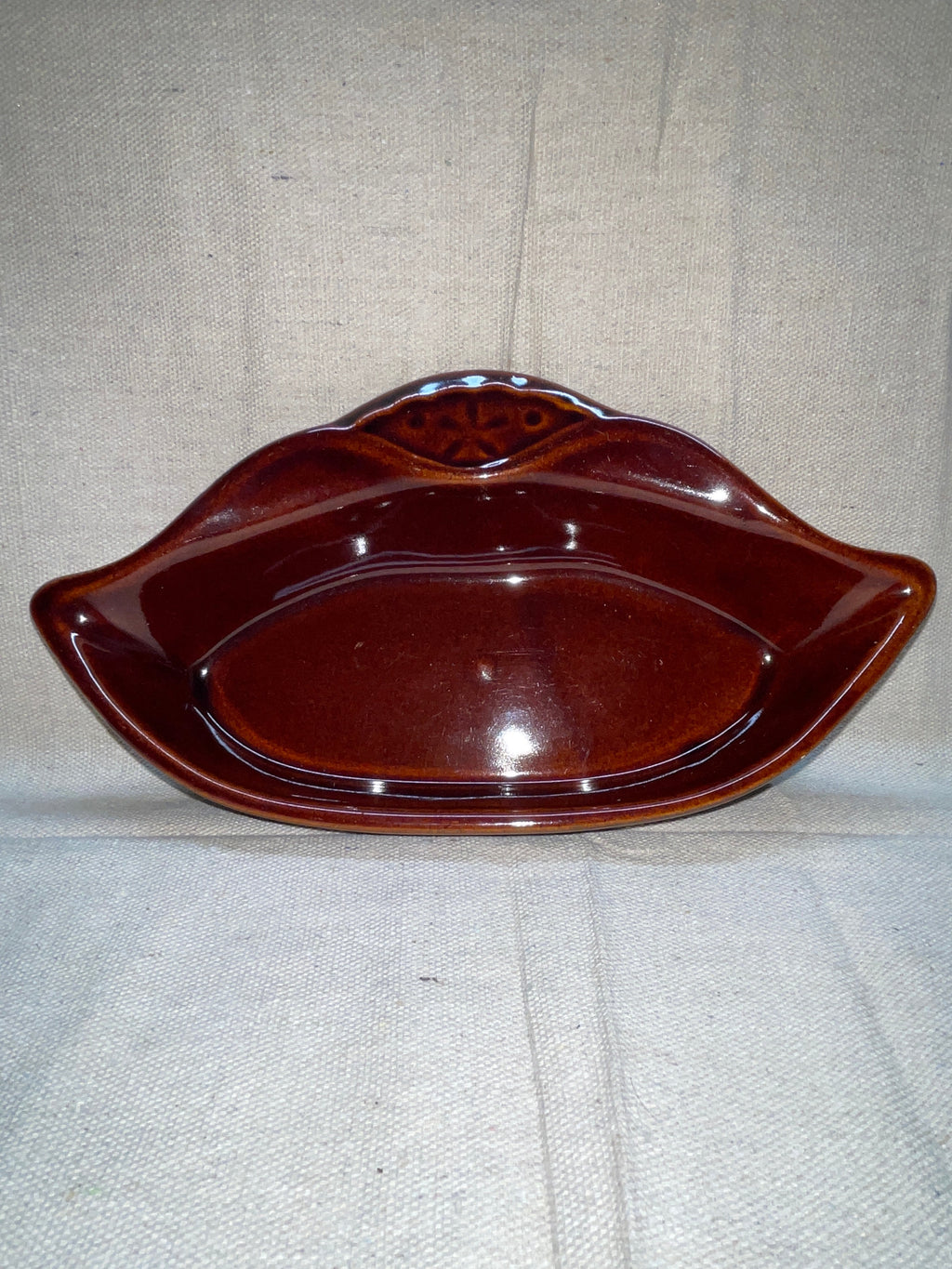 Vintage Brown Glazed Ceramic Dish with Sculpted Handles