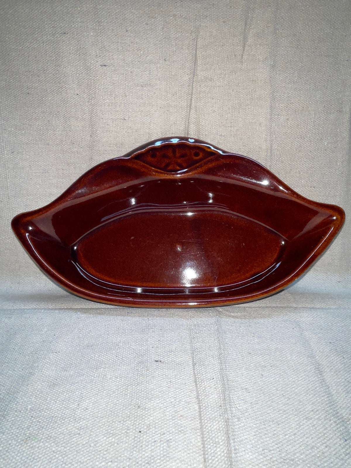 Vintage Brown Glazed Ceramic Dish with Sculpted Handles
