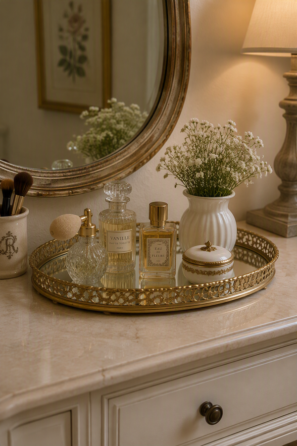 Vintage Gold Filigree Oval Mirror Vanity Tray — Hollywood Regency Boudoir Style