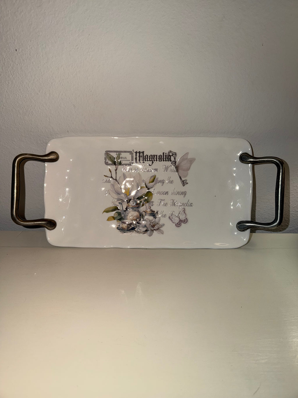 Vitalba Magnolia Botanical Ceramic Tray with Silver Handles