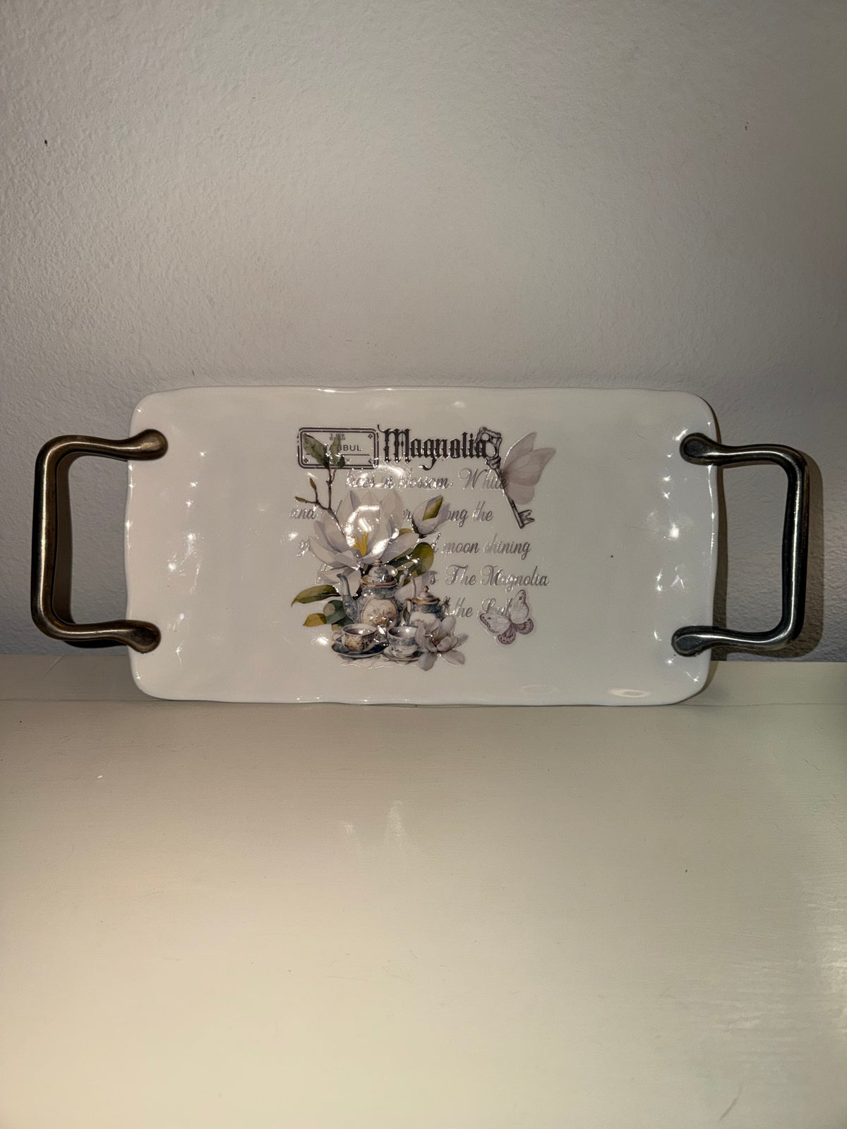 Vitalba Magnolia Botanical Ceramic Tray with Silver Handles