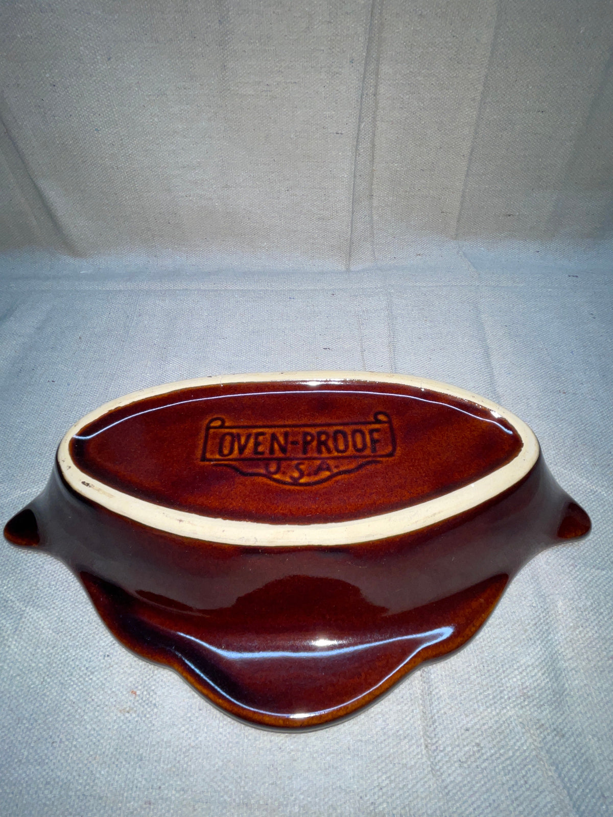 Vintage Brown Glazed Ceramic Dish with Sculpted Handles