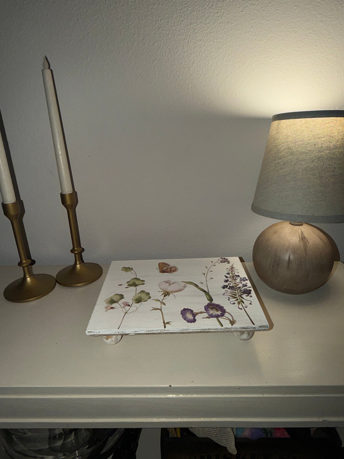 Botanical Decoupage Whitewashed Wood Riser Stand