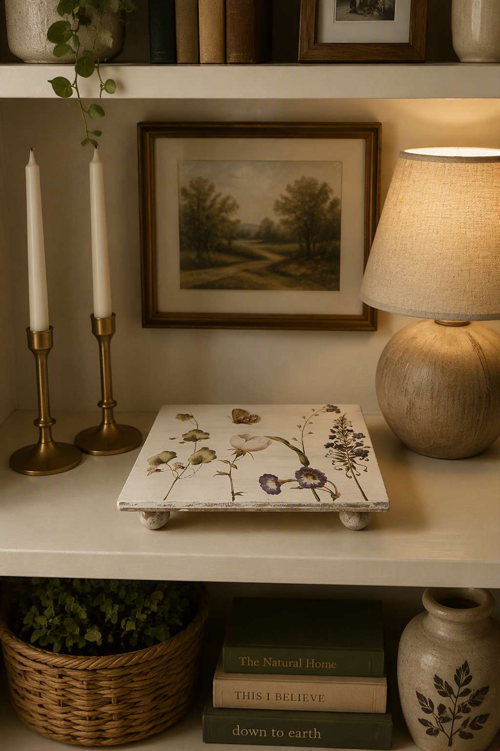 Botanical Decoupage Whitewashed Wood Riser Stand