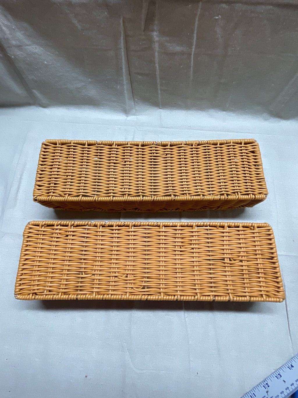 Set of 2 Long Scalloped Wicker Baskets in Honey Tones