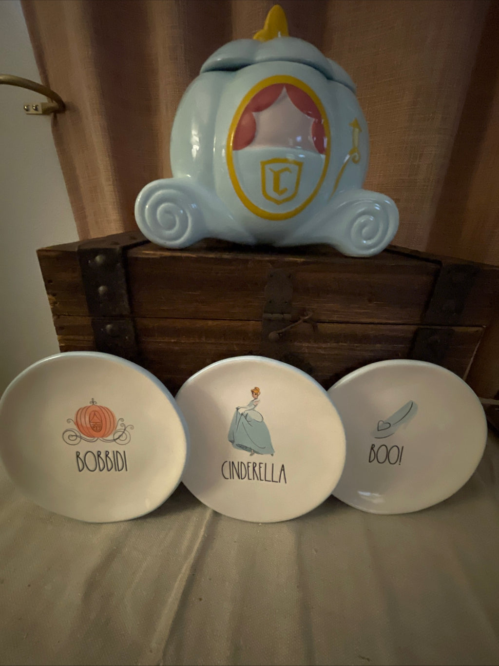 Rae Dunn Cinderella Carriage Canister and Three Plates