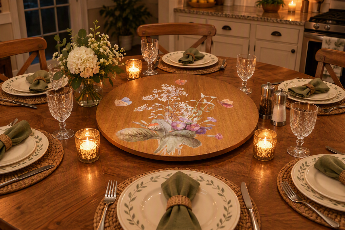 Vintage Bamboo Lazy Susan — Floral & Butterfly Decoupage, Cottage Dining