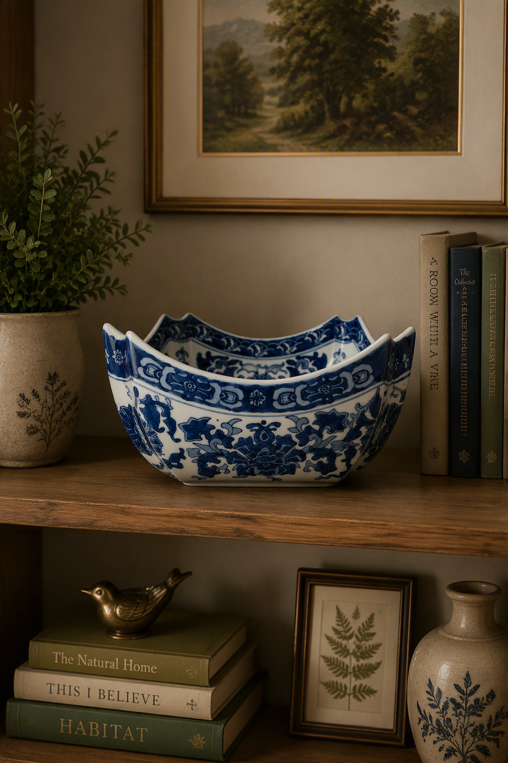 Chinese Blue & White Porcelain Square Bowl with Lotus Scroll