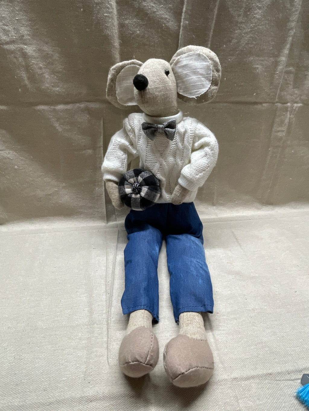 Fall Decorative Mouse Doll in Cable-Knit Sweater & Blue Trousers