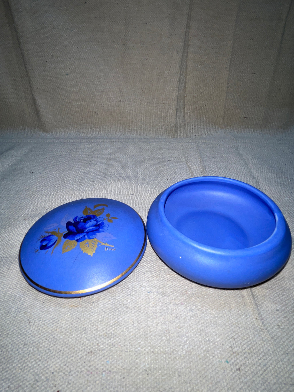 Hand Painted Blue Floral Trinket Box with Gold-Tone Details