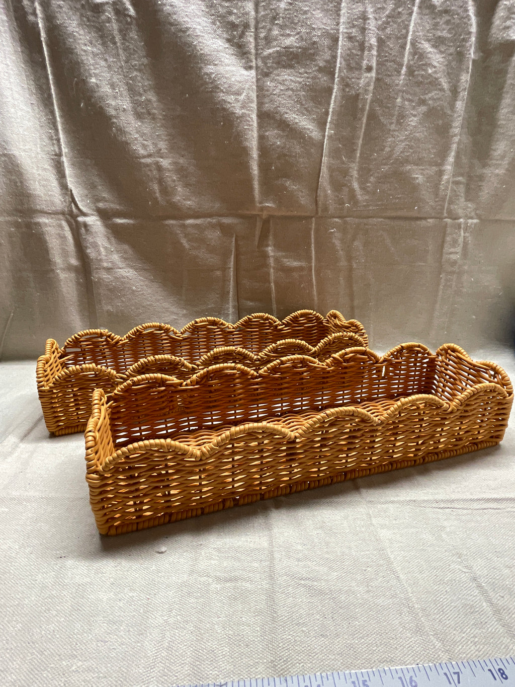 Set of 2 Long Scalloped Wicker Baskets in Honey Tones