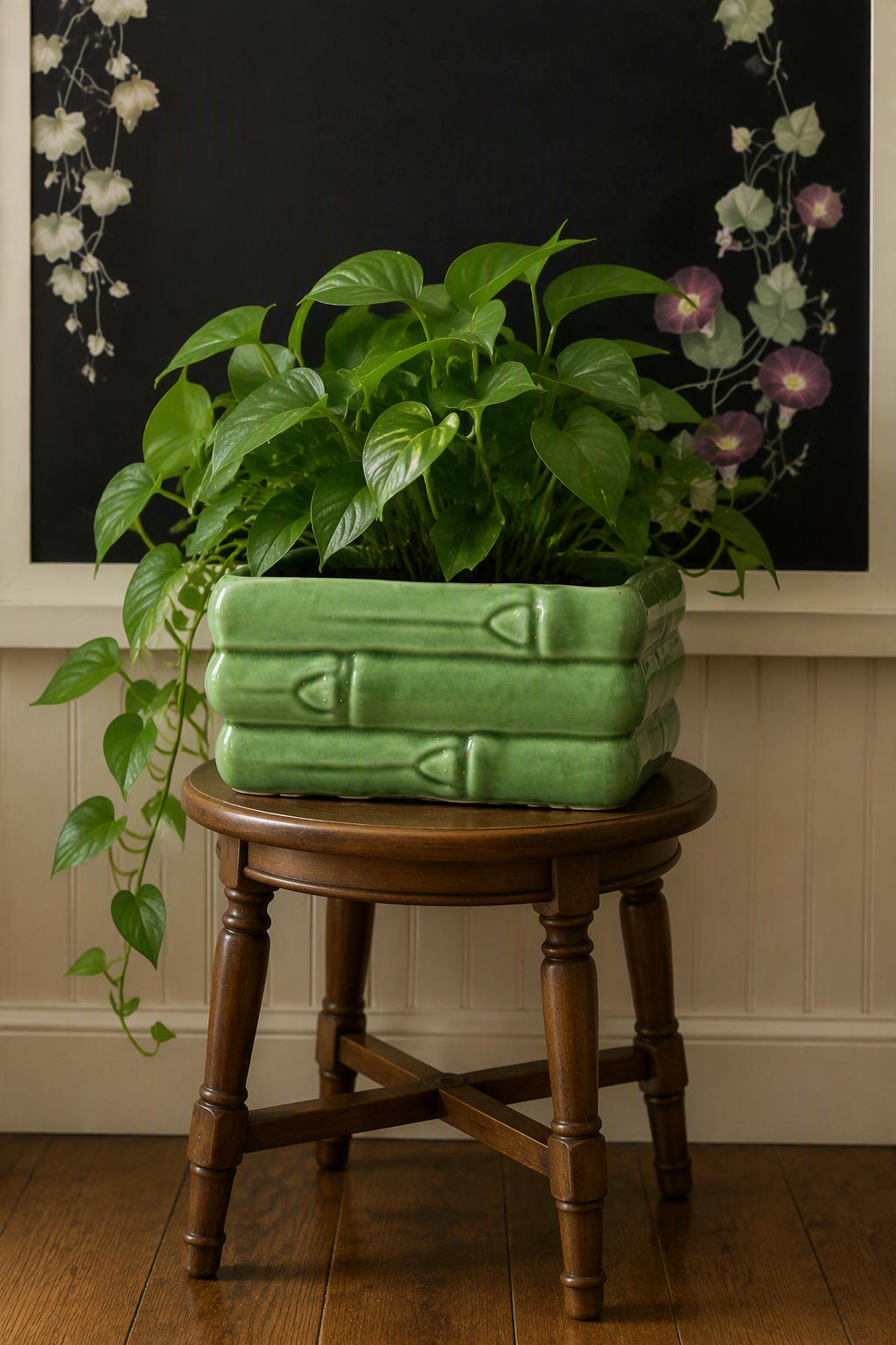 Vintage Green Bamboo Ceramic Planter — Mid-Century American Art Pottery Style
