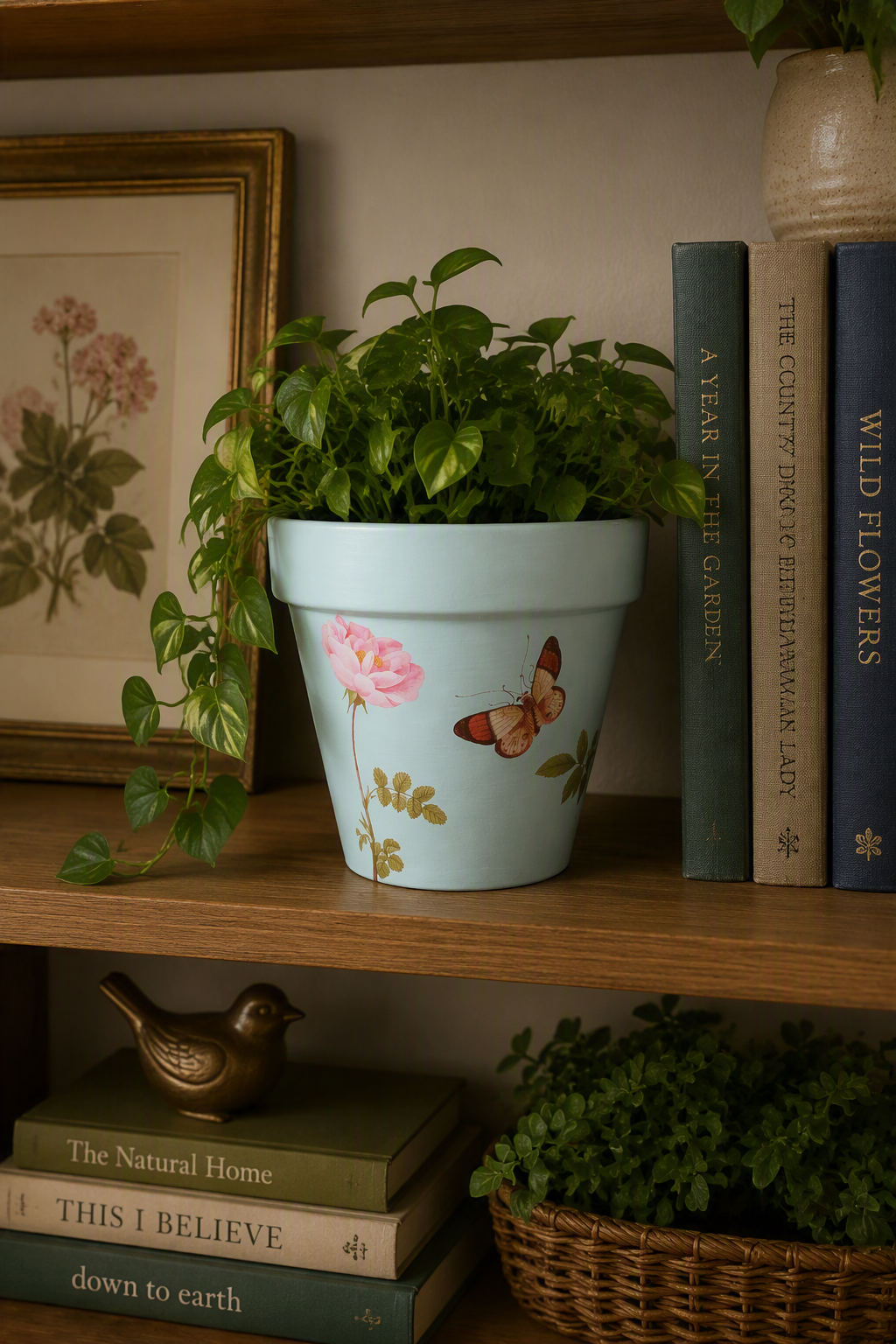 Aqua Blue Botanical Planter — Rose & Butterfly Decoupage, Terracotta Style