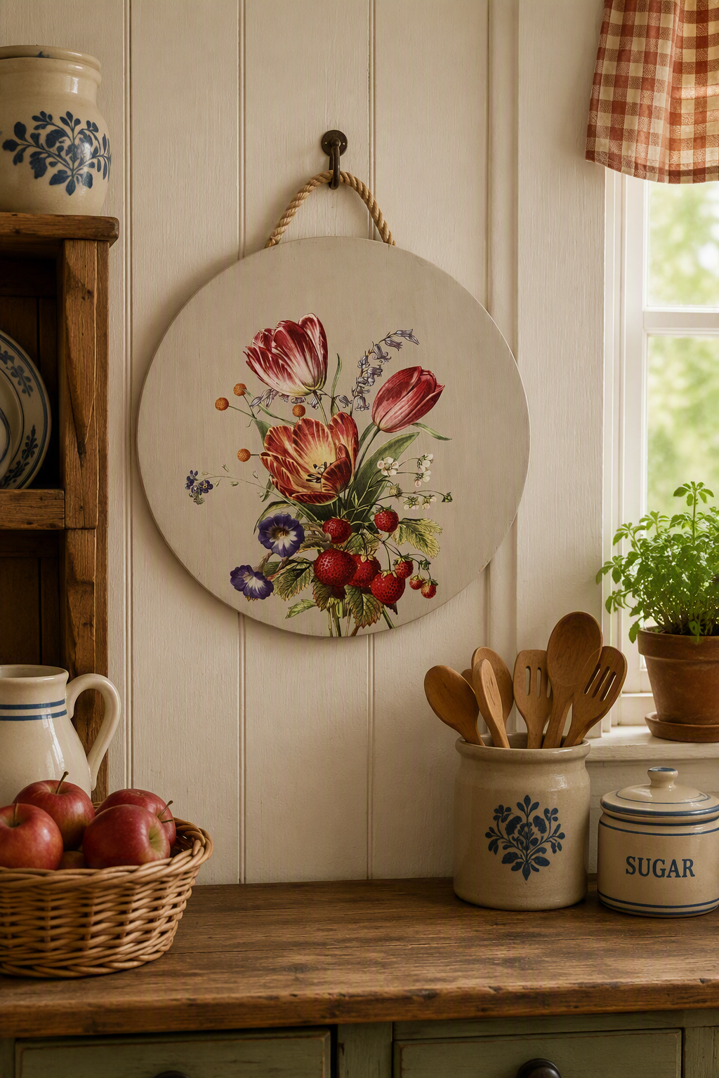 Round Botanical Decoupage Wood Cutting Board with Rope Handle