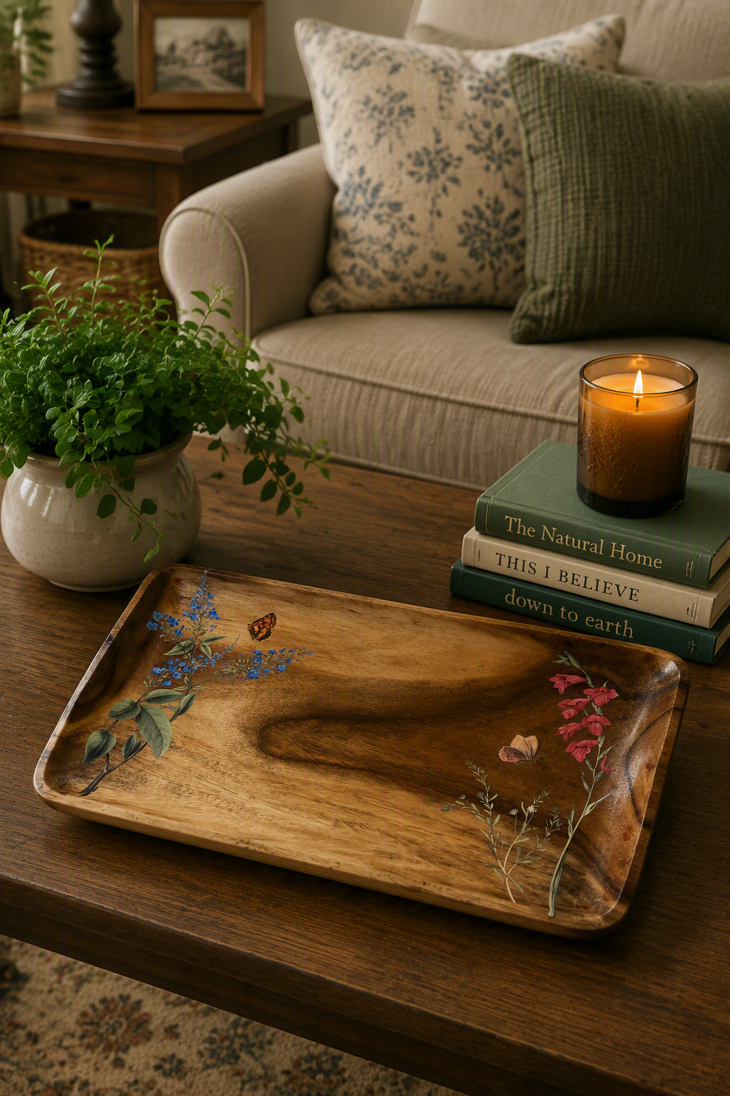 Vintage Wood Serving Tray — Botanical Decoupage, Blue Wildflower & Foxglove