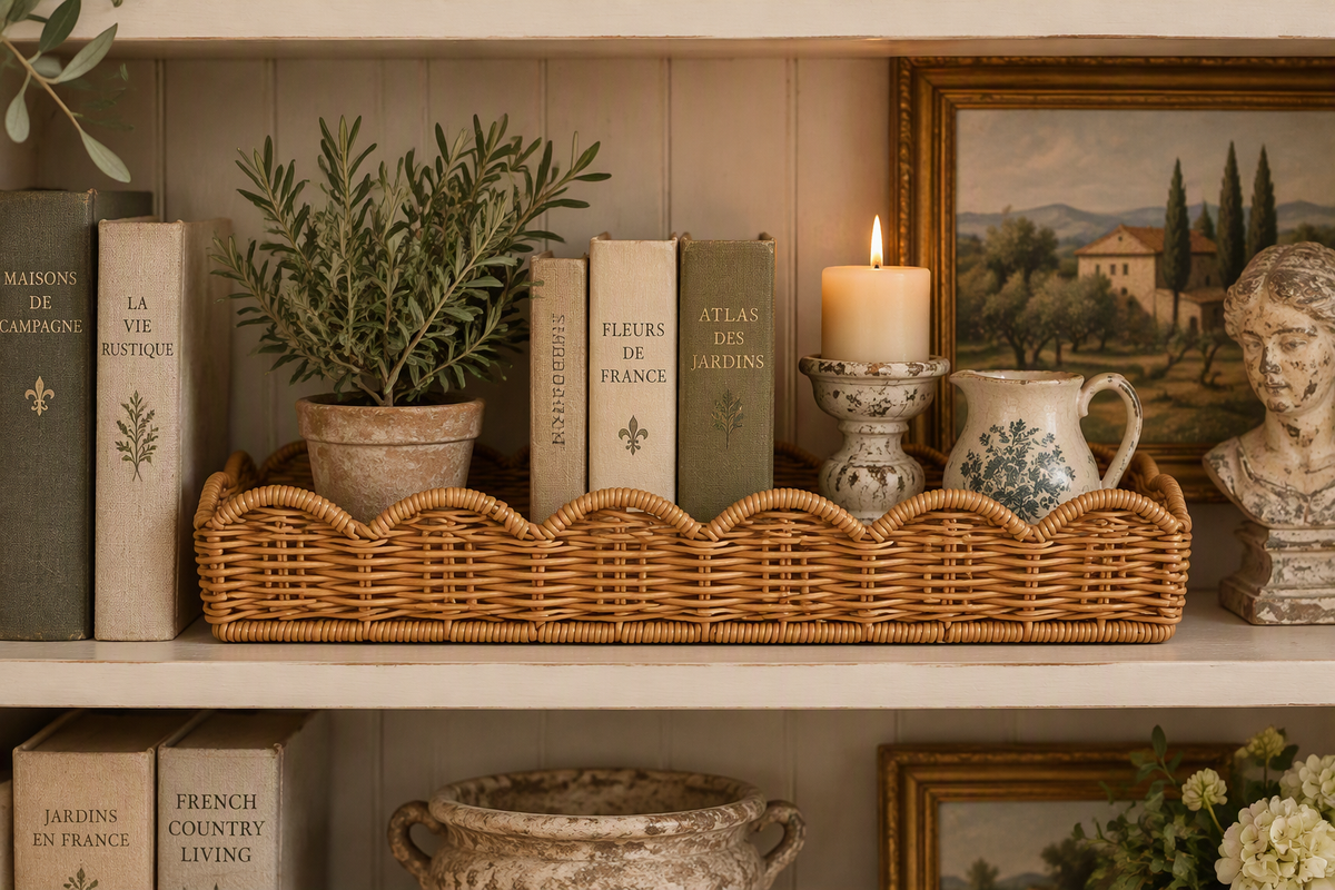 Set of 2 Long Scalloped Wicker Baskets in Honey Tones
