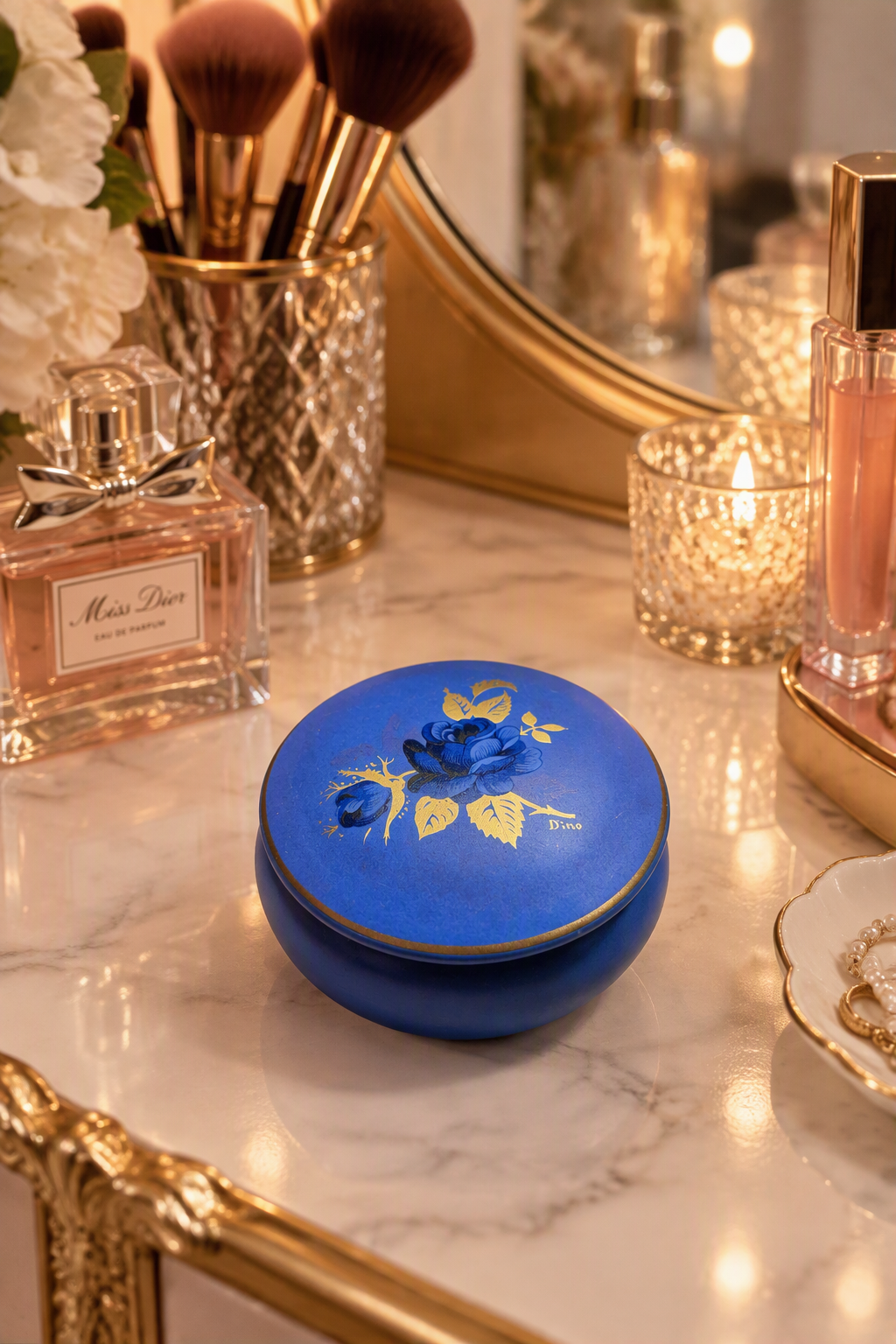 Hand Painted Blue Floral Trinket Box with Gold-Tone Details