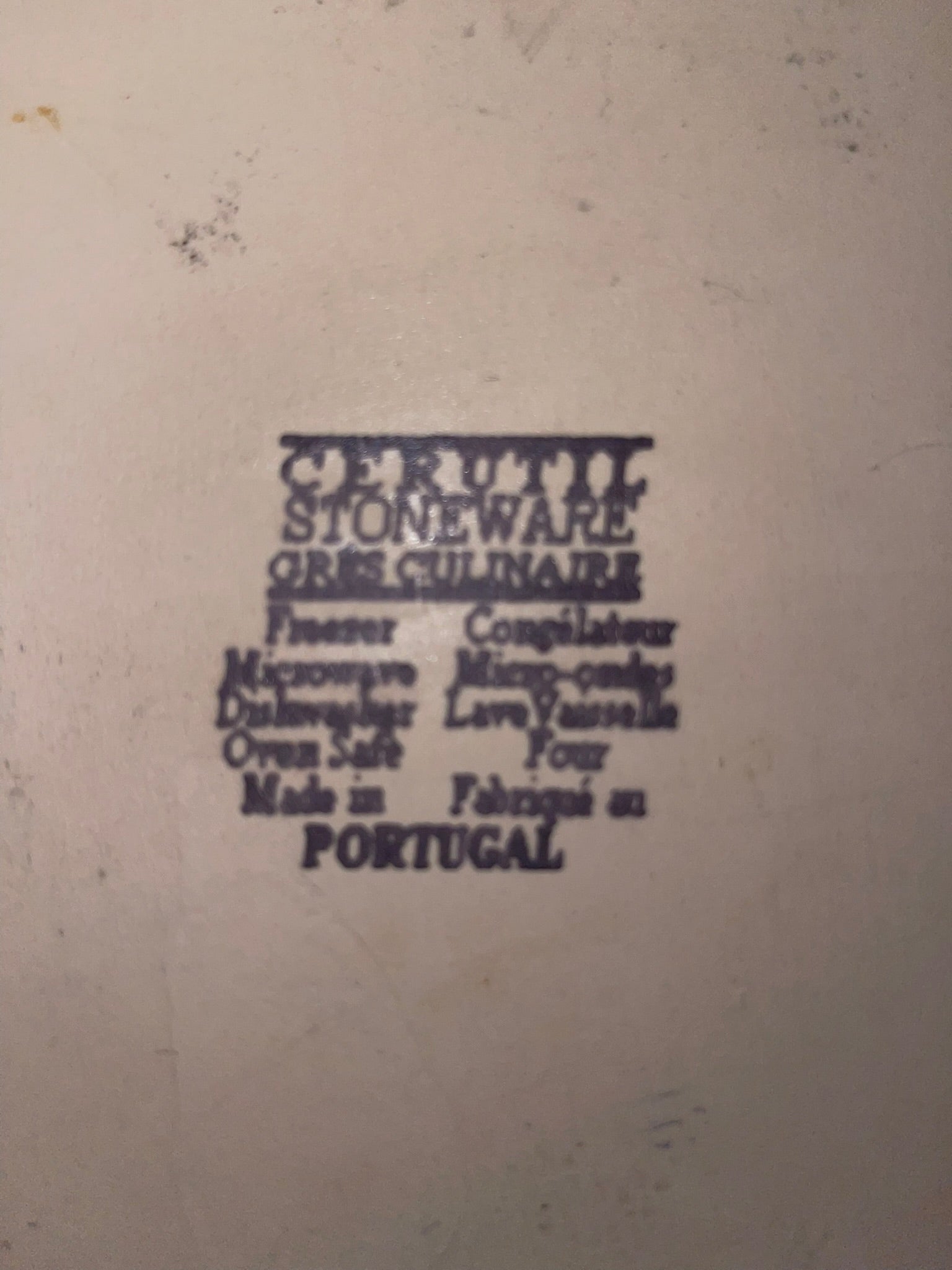 Bottom stamp showing Cerruti Stoneware made in Portugal