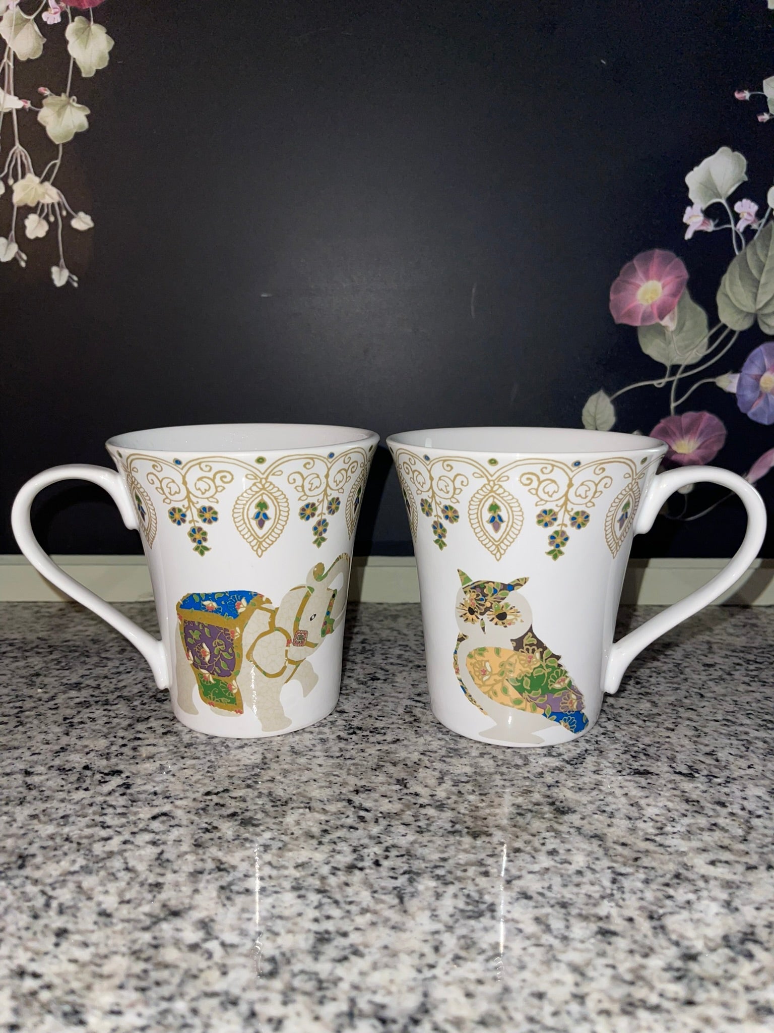 Coventry Fine China Jeweled Animals mugs, elephant and owl side by side