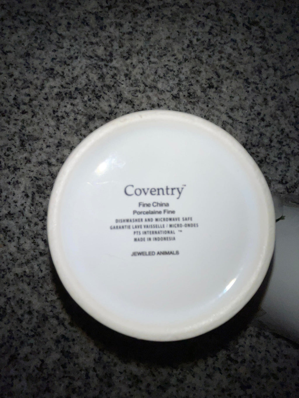 Close-up of Coventry Fine China backstamp — Jeweled Animals, Made in Indonesia