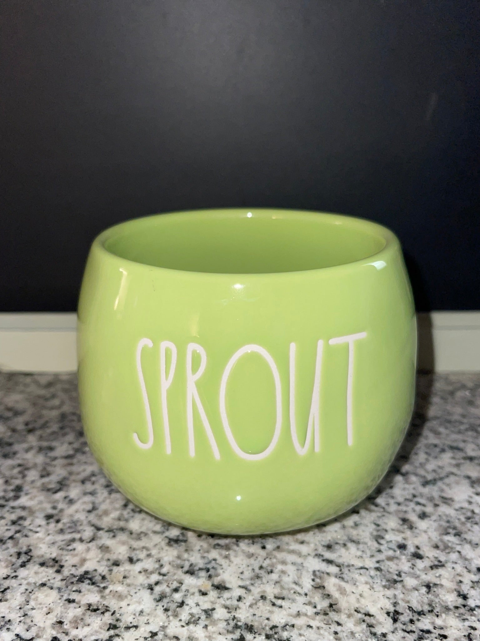 Top view of Rae Dunn SPROUT lime green planter showing interior