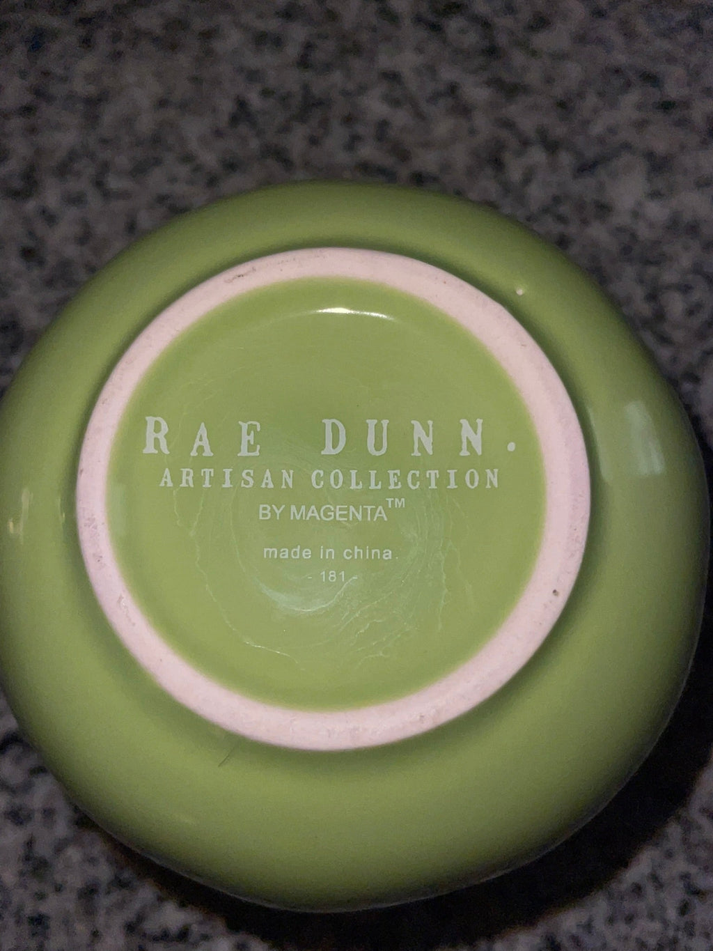 Rae Dunn SPROUT planter in lime green, front view showing bold white lettering