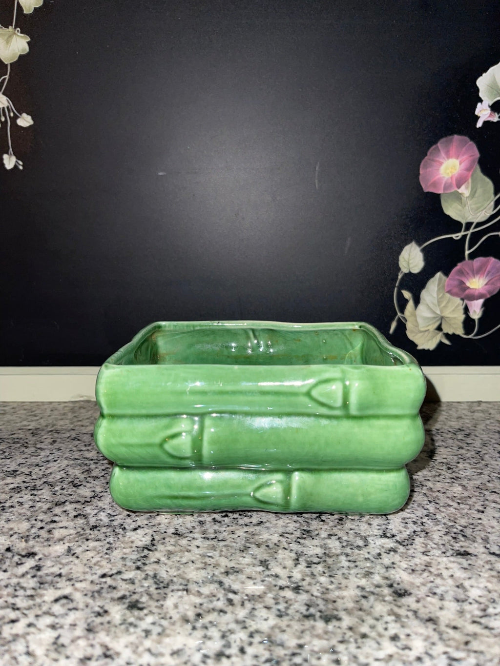Vintage green bamboo ceramic planter, front view showing raised bamboo relief and jade glaze