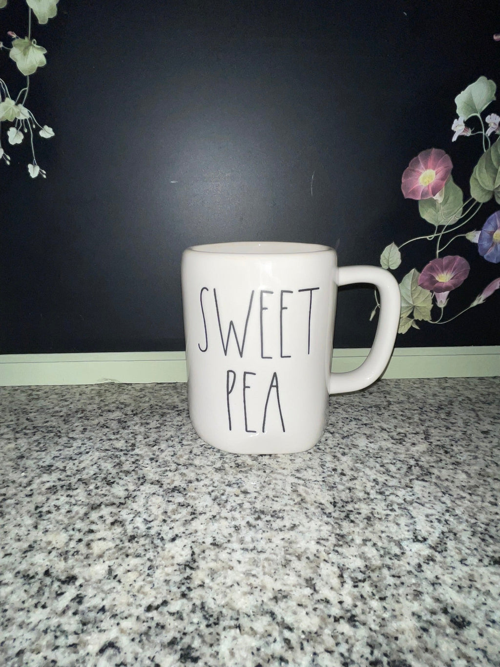 Rae Dunn SWEET PEA mug front view showing elongated font on white ceramic