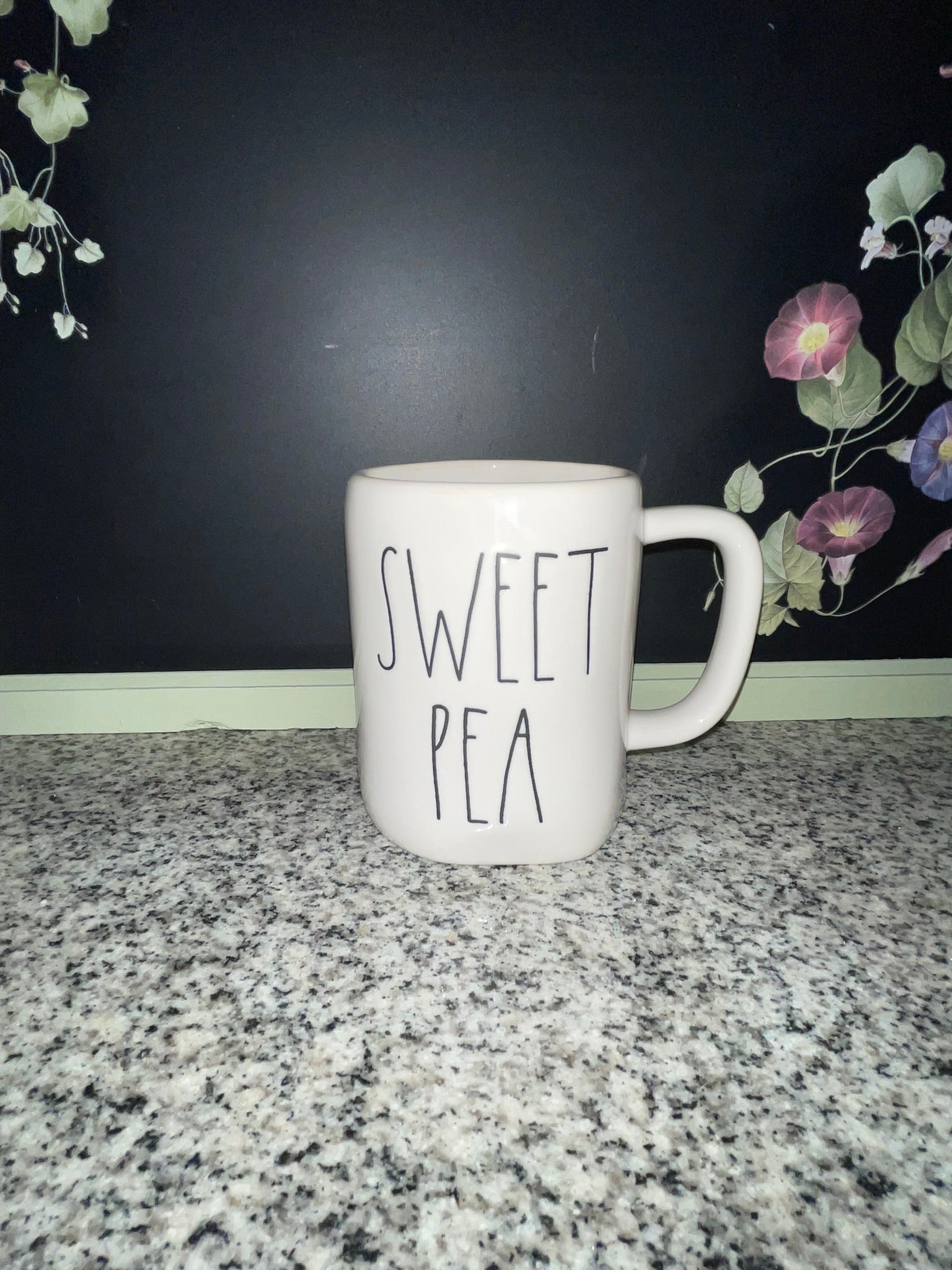 Rae Dunn SWEET PEA mug front view showing elongated font on white ceramic
