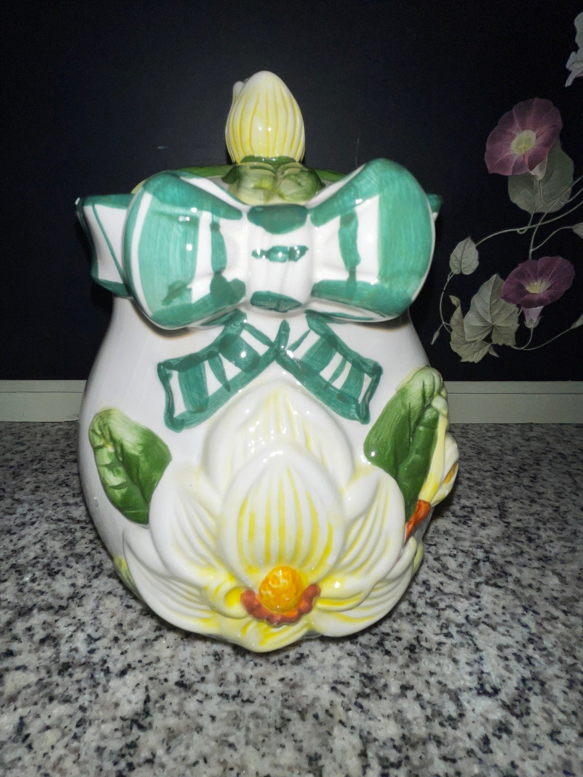 Vintage Young’s 1997 Magnolia Cookie Jar with Lid — Floral Ceramic with Teal Bow