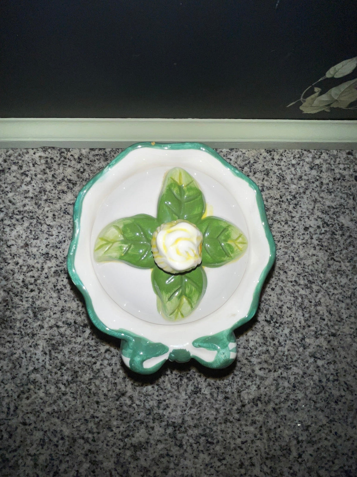 Vintage Young’s 1997 Magnolia Cookie Jar with Lid — Floral Ceramic with Teal Bow