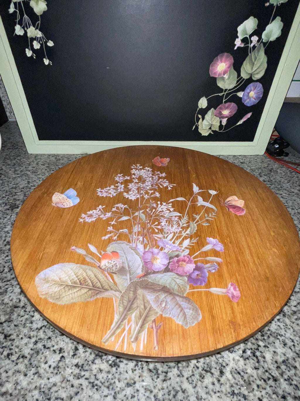 Vintage bamboo lazy Susan full top view showing lavender wildflowers and butterflies
