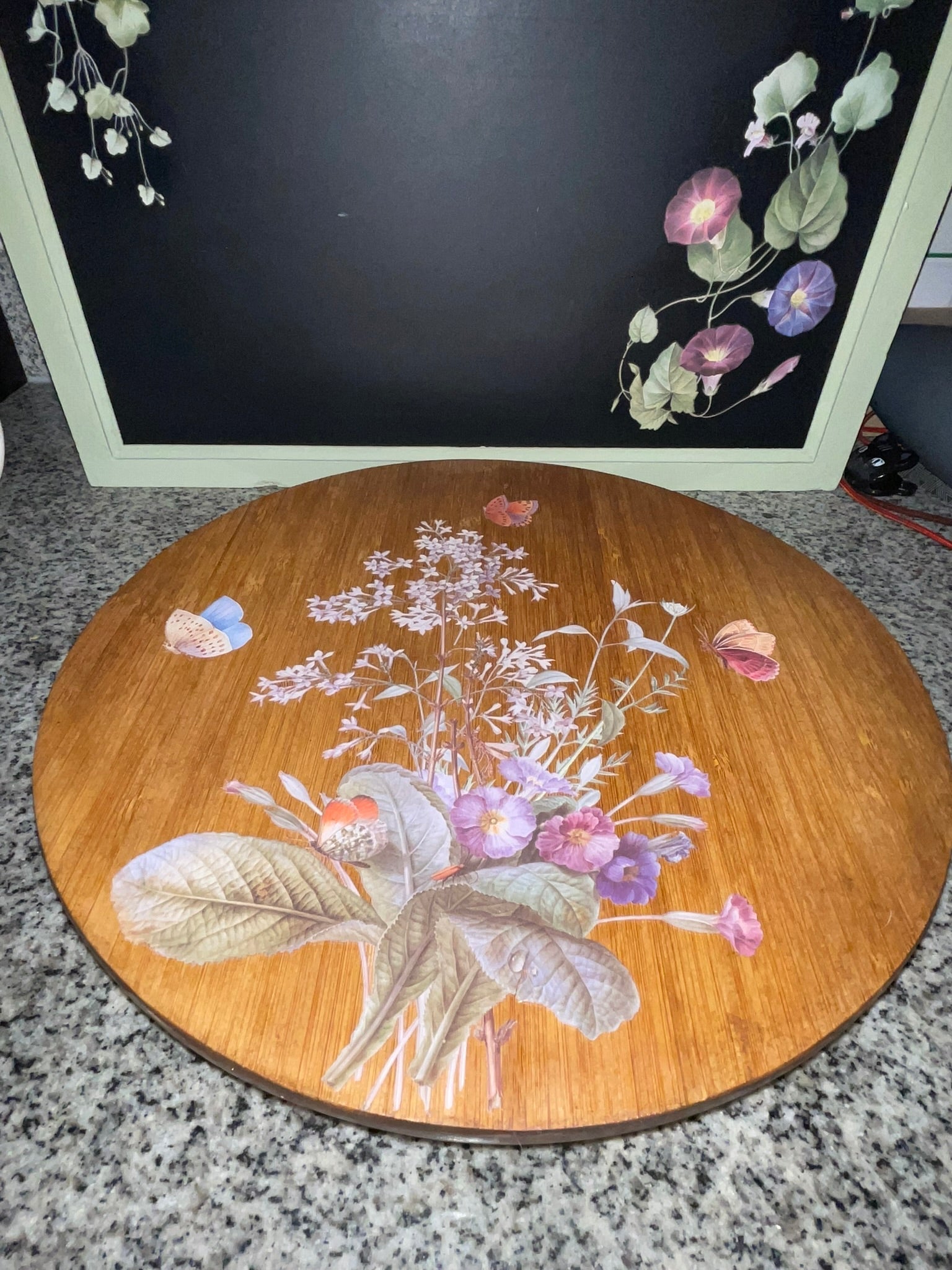 Vintage bamboo lazy Susan full top view showing lavender wildflowers and butterflies