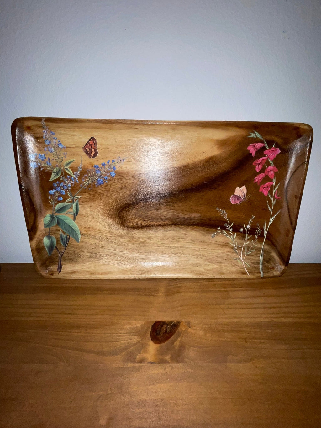 Vintage wood serving tray front view showing blue wildflower and foxglove botanical decoupage