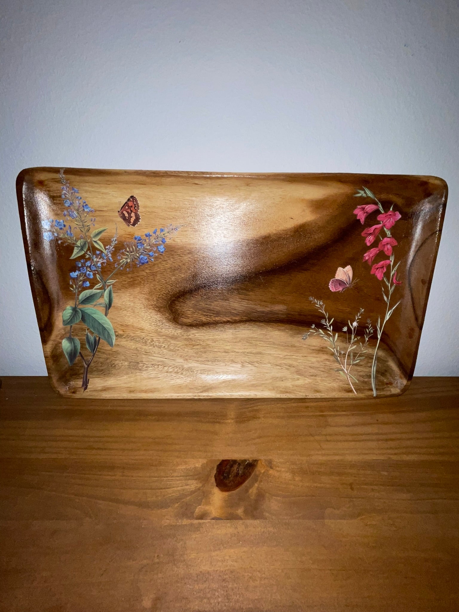 Vintage wood serving tray front view showing blue wildflower and foxglove botanical decoupage