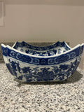 Chinese blue and white square porcelain bowl side view showing lotus scroll motif