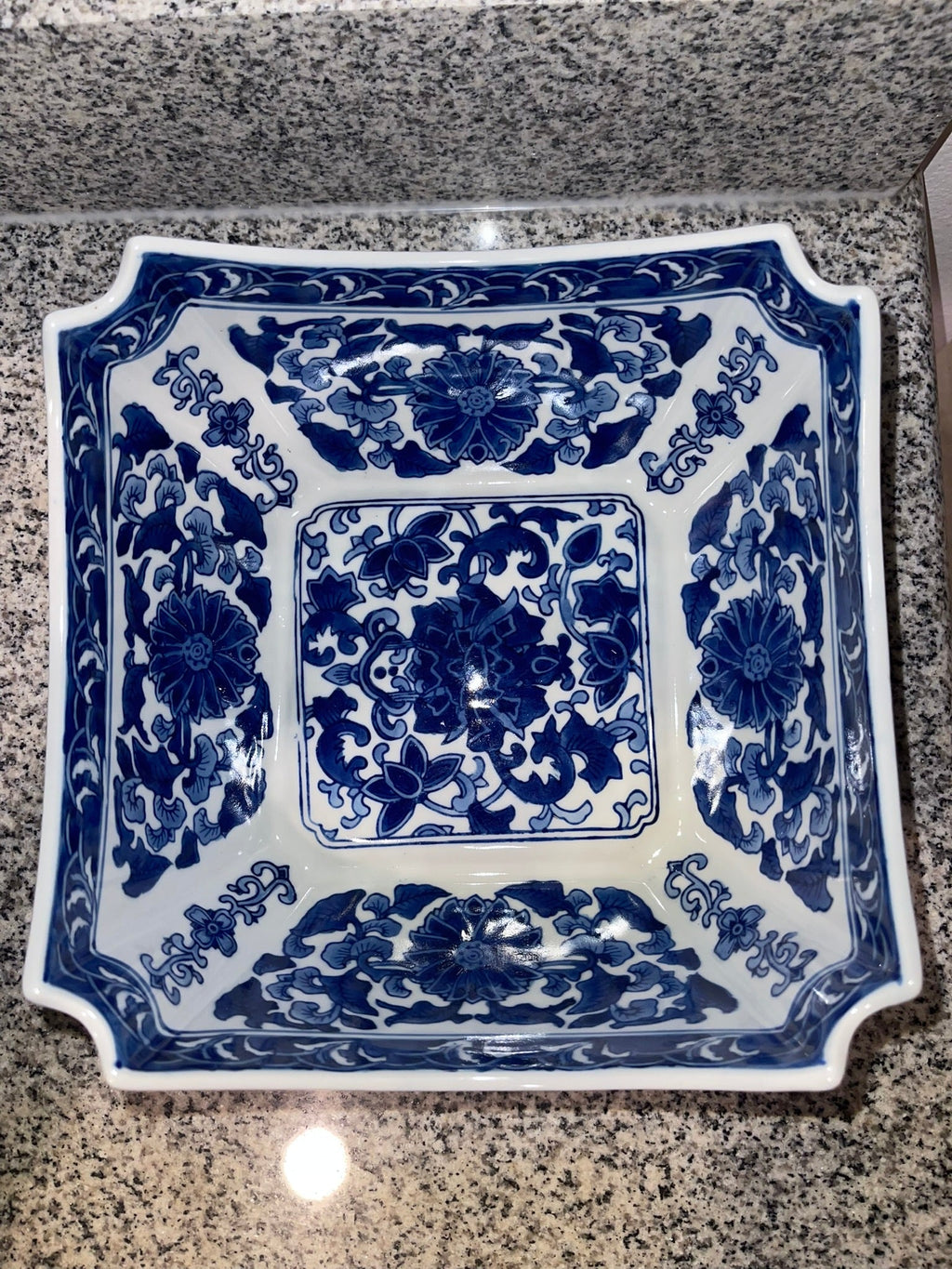 Overhead view of Chinese blue and white square bowl interior