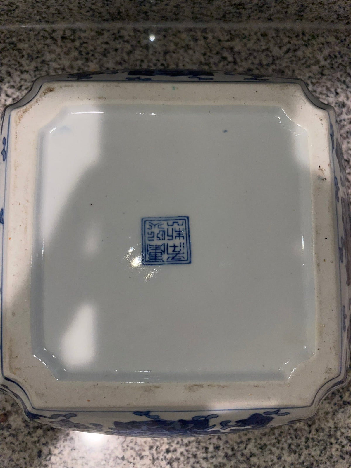Vintage Chinese Blue & White Porcelain Square Foliate Bowl — Lotus Scroll, Reign Mark