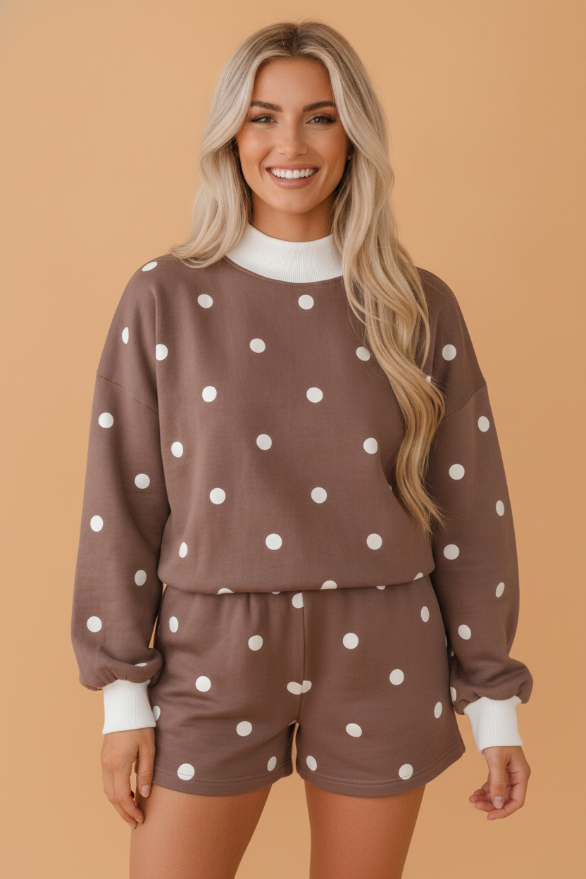 Polka Dot Ribbed Trim Mock Neck Top & Shorts Set