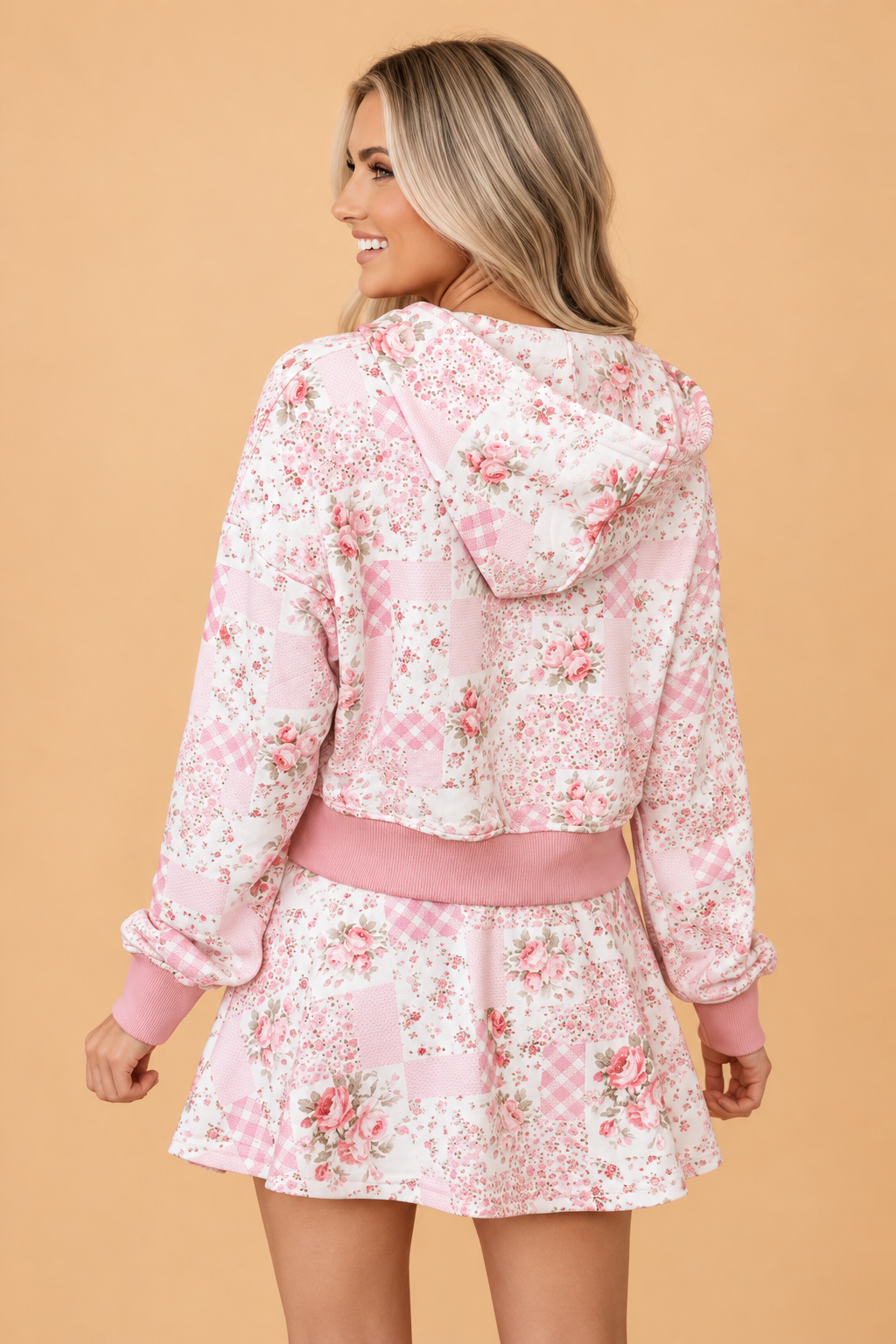 Floral Patchwork Zip Up Hoodie & Skort Set