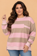 Plus Size Stripe Raw Seam Drop Shoulder Sweatshirt