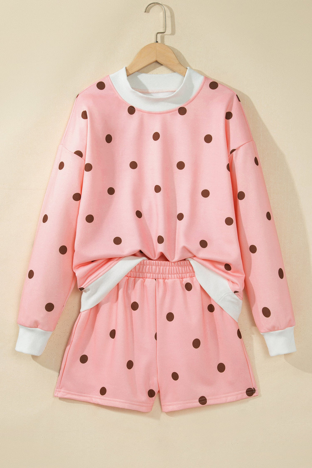 Polka Dot Ribbed Trim Mock Neck Top & Shorts Set