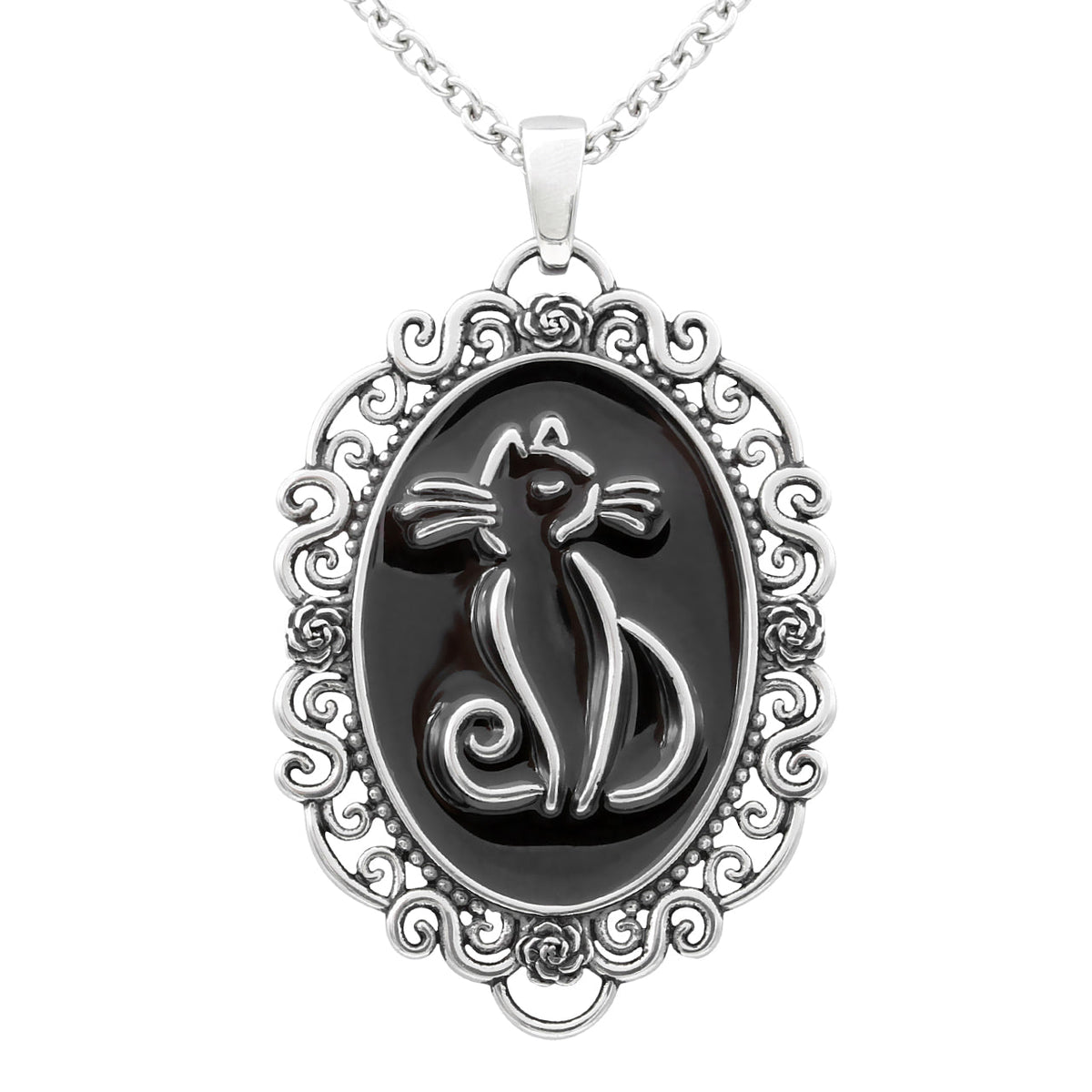 Black Cat Cameo Necklace Vintage Silver Antique Pendant