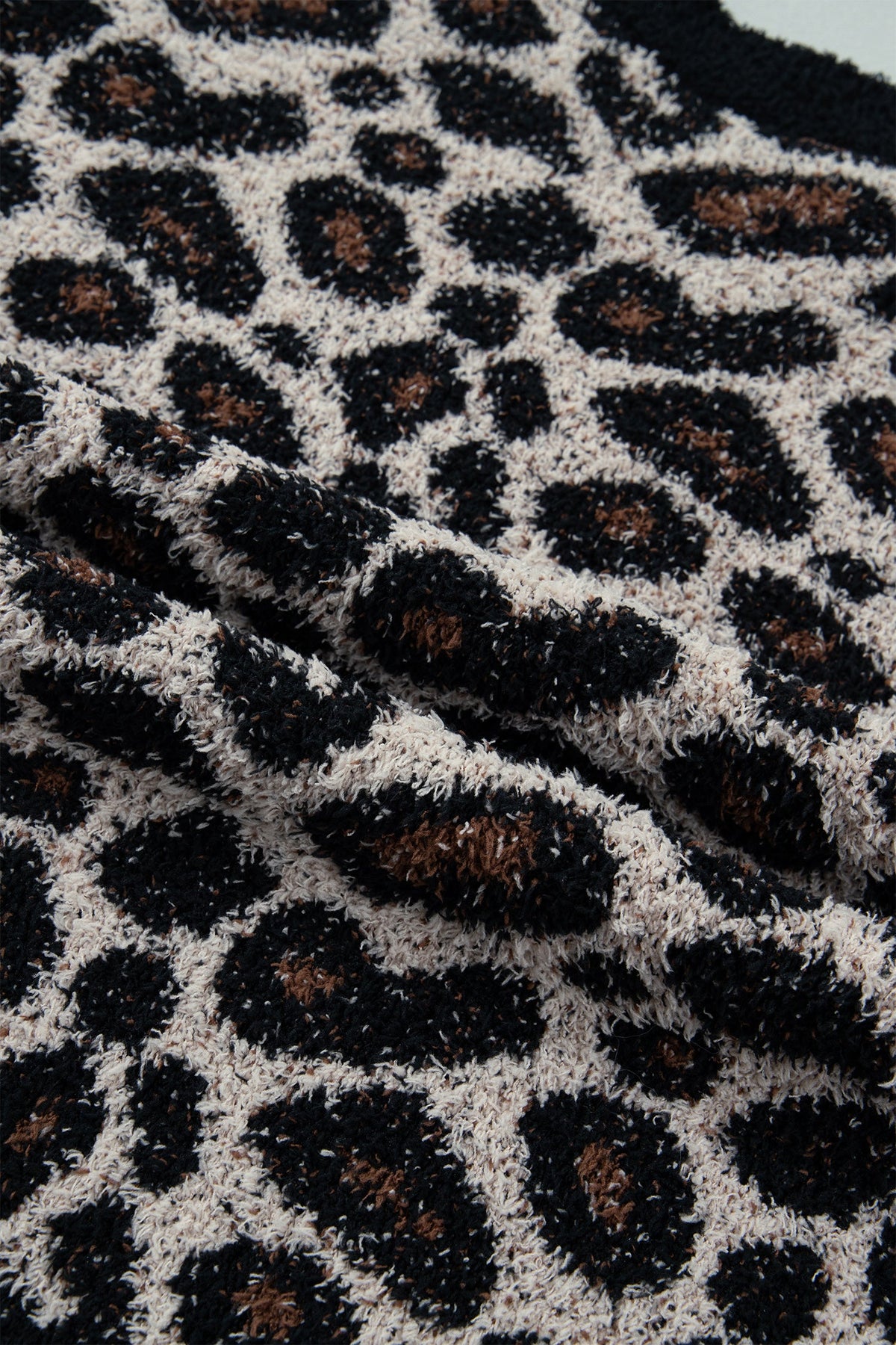 Leopard Star Patchwork Round Neck Fuzzy Sweater