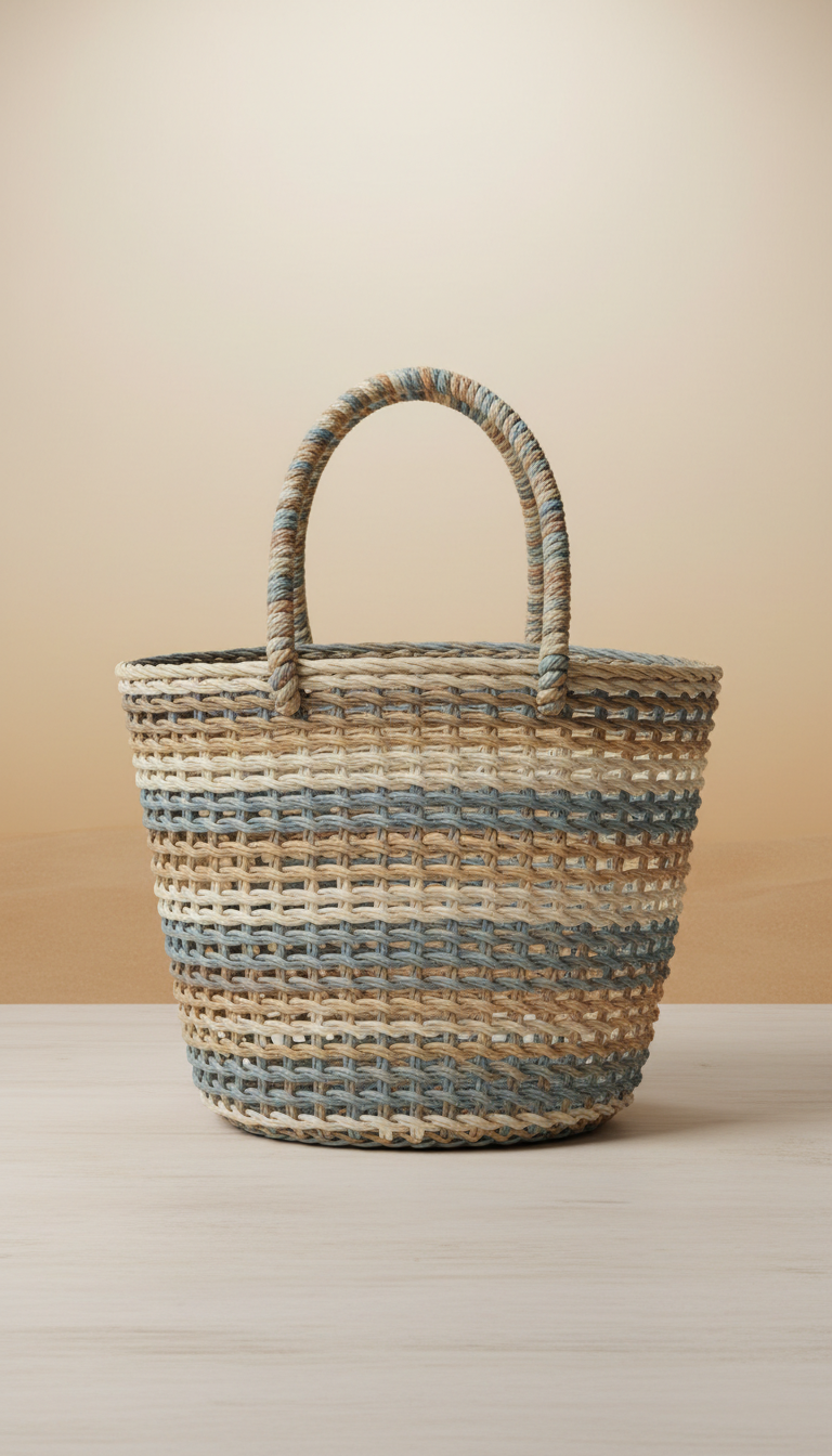 Woven beach basket with rope handles
